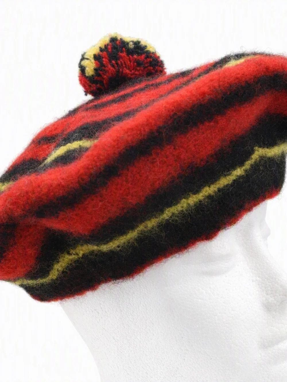 Vintage Knit Crochet Beret Pom Pom Red Black Yellow Stripe Pattern 70s Retro